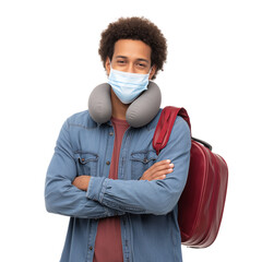 Young traveler with surgical mask neck pillow and travel bag smiling isolated on transparent background (5)