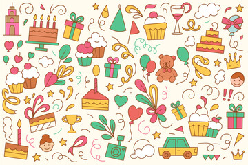 happy birthday hand drawn illustration party celebration design balloon gifts fireworks ribbon confetti cake drinks