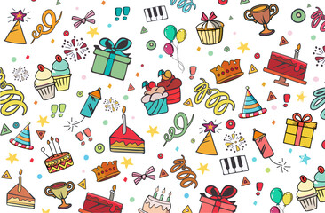 happy birthday hand drawn illustration party celebration design balloon gifts fireworks ribbon confetti cake drinks