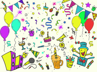 happy birthday hand drawn illustration party celebration design balloon gifts fireworks ribbon confetti cake drinks