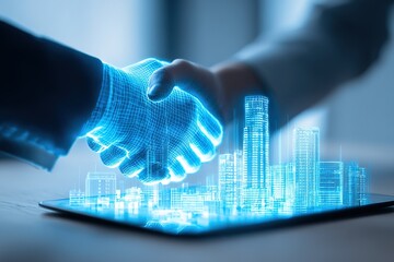 Virtual handshake represents partnership in technology and real estate development in a modern workspace setting