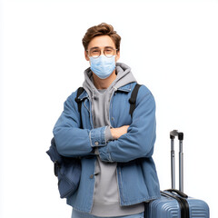 Young traveler with surgical mask neck pillow and travel bag smiling isolated on transparent background