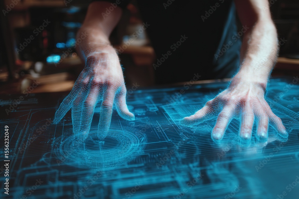Poster hands interacting with a glowing holographic display in a modern tech environment showcasing advance