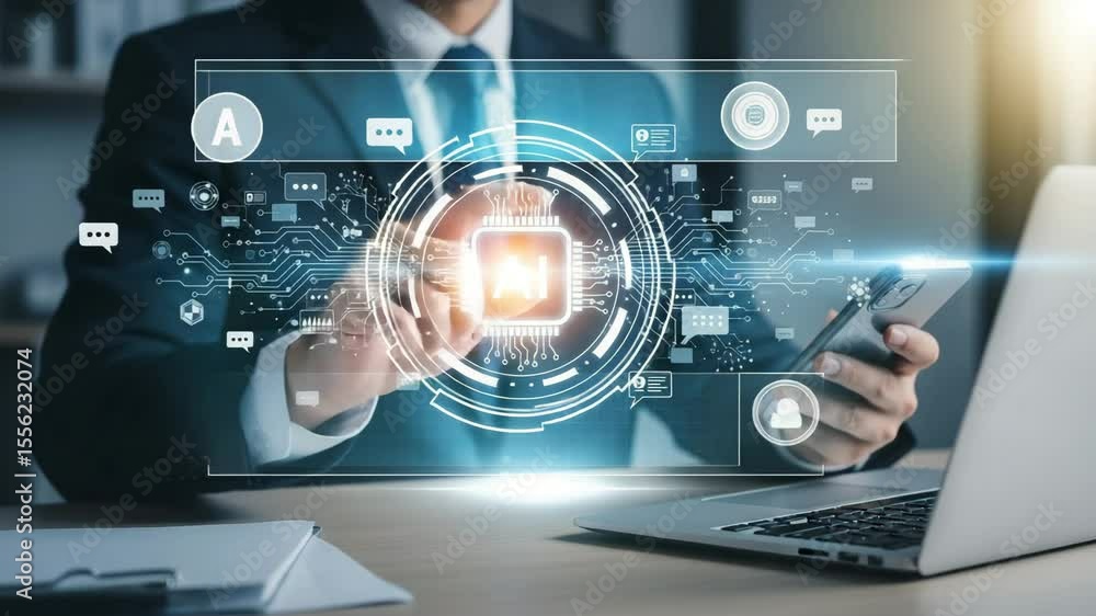 Poster businessman interacting with ai interface on smartphone and laptop in office environment