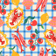 Summer seamless pattern design with cute  mediterranean lobster, lemon, sardines and checked pattern. Childish print for wrapping paper, packaging, background and fabric