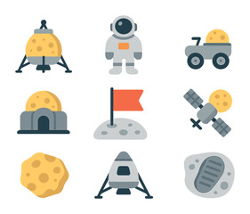 Moon Exploration Icons. Flat icon set of space exploration of the moon: lunar lander, astronaut on moon, moon
