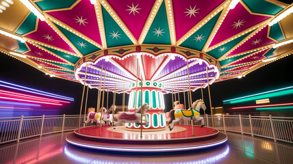 Colorful lights illuminate the classic carousel, a fun amusement park ride spinning under the night sky