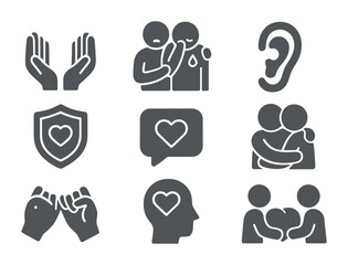 Trust and Support Icons. Flat icon set of trust and emotional support: open hands, crying friend, listening