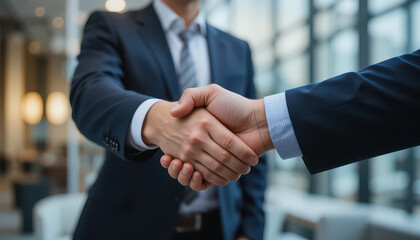 Close up of two business people shaking hands in a bright office setting with a window background