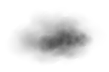 Black smoke cloud isolated on white background. Dark realistic fog cloud with soft edges and transparent texture. Vector illustration for explosion, pollution, or dramatic effect themes.