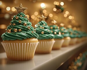 Festive Christmas cupcakes arranged in a row, decorated with mint green frosting and gold sprinkles, shaped like miniature Christmas trees, with blurred holiday lights in the background