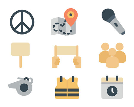 Protest Icon Set. Flat icon set of organizing peaceful protests: peace sign, rally map, speaker mic, safety