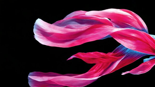 Abstract fabric wave in pink and blue, flowing with movement and elegance on black background, modern art inspired by vibrant betta fish tail and fins, creating graceful underwater scene