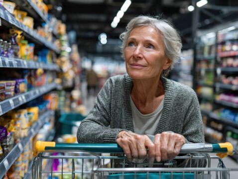 Senior Shopper in Aisle: A senior woman navigates a grocery store aisle, thoughtfully perusing the shelves, showcasing mindful consumption and a lifestyle of health and wellness. - Powered by Adobe