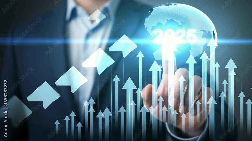 Poster a man in a suit touching a glowing year with upward arrows indicating growth and future projections