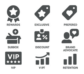 Brand Loyalty Icons. Flat icon set of brand loyalty indicators: rewards badge, exclusive offer, preferred