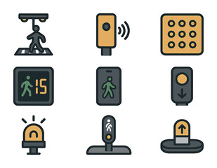 Pedestrian-Friendly Icon Set. Flat icon set of pedestrian-friendly traffic systems: illuminated crosswalk,