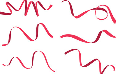 Red Flat Vector Illustration of Curly Decorative Ribbon Set for Celebration and Party Template