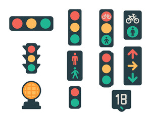 Traffic Light Icon Set. Flat icon set of traffic light variations and designs: horizontal light bar, vertical