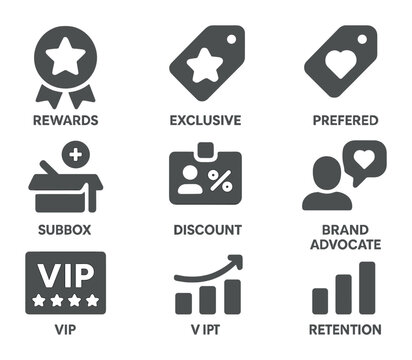 Brand Loyalty Icons. Flat icon set of brand loyalty indicators: rewards badge, exclusive offer, preferred