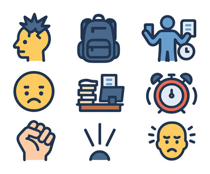 Stress Icons Collection. Flat icon set of stress and overwhelm: exploding head, heavy backpack, multitasking