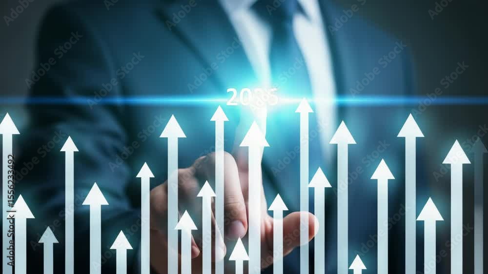 Aufkleber a businessman touching a screen with glowing arrows and the year displayed on the screen area