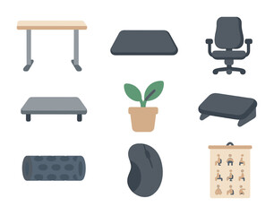 Wellness Workplace Icons. Flat icon set of wellness-focused workspace items: standing desk, anti-fatigue mat,