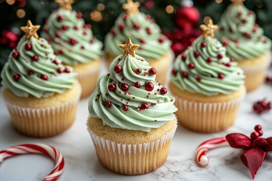 Festive Christmas cupcakes, light-green frosting, red sprinkles, and gold accents