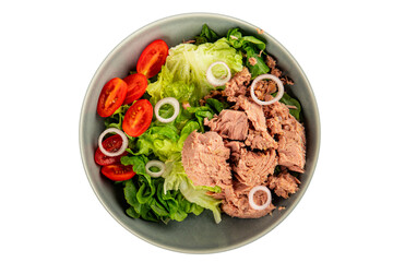 Tuna salad green leaf lettuce, canned tuna, tomato fresh delicious gourmet food background on the table rustic food top view copy space keto and paleo diet vegetarian food pescetarian diet