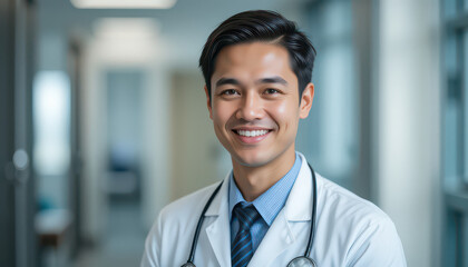 Smiling young doctor in white coat with stethoscope in hospital hallway looking at the camera