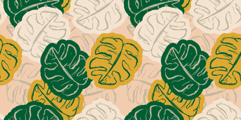 Tropical Monstera Leaves Seamless Patterns. Exotic Beach Drawings. Monstera Leaf Wallpaper. Retro Hawaiian Print.