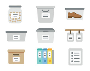 Home Storage Icons. Flat icon set of organizing home storage: labeled pantry jar, labeled closet bin, shoe