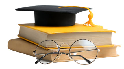 International Literacy Day concept: books, glasses, and graduation cap, isolated on white background