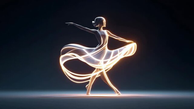 Elegant ballerina silhouette with glowing light trails forms graceful dance pose, modern digital art style, dark background, sense of movement and beauty, graceful movement of ballerina dancing with