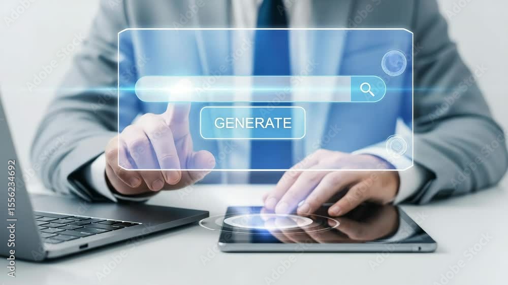 Poster Businessman interacting with digital interface on laptop and tablet with generate button shown
