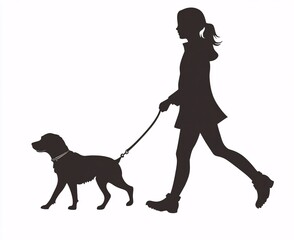Silhouette of a woman walking her dog on a leash, portraying a peaceful moment of pet companionship and outdoor exercise.