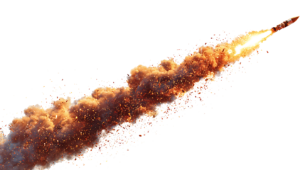 Fireworks rocket mid-launch with smoke trail and sparks, isolated on white background