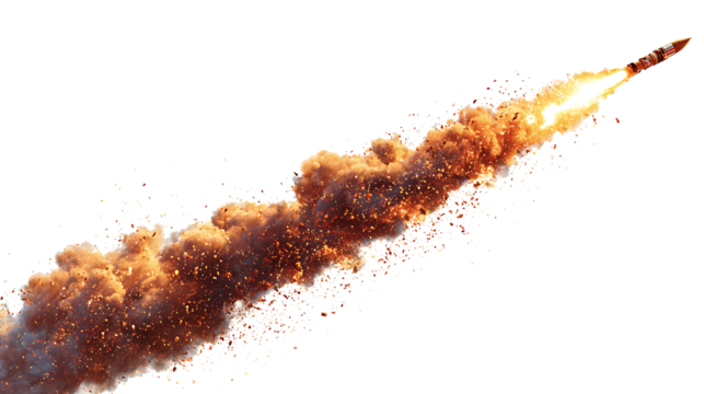 Fireworks rocket mid-launch with smoke trail and sparks, isolated on white background