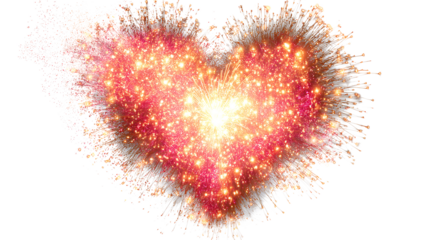 Firework in the shape of a heart glowing with red and yellow sparks, isolated on white background.