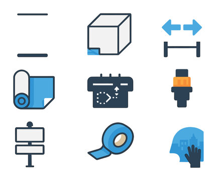Signage Printing Icons. Flat icon set of signage printing: roll-up banner, foam board, coroplast sign,
