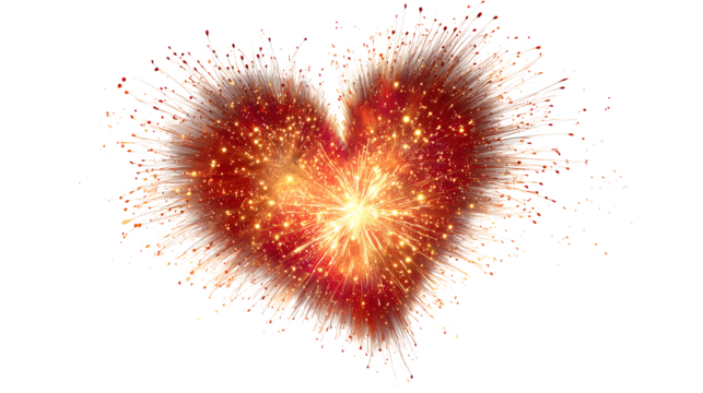 Firework in the shape of a heart glowing with red and yellow sparks, isolated on white background.