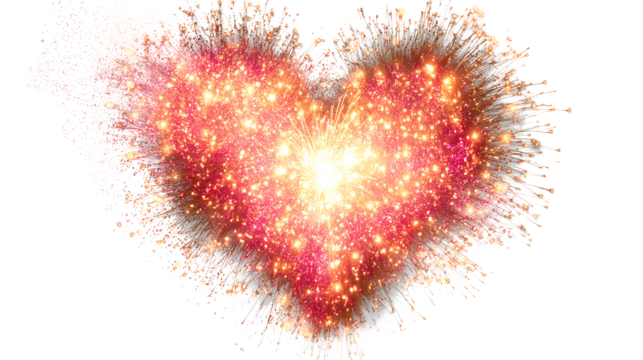 Firework in the shape of a heart glowing with red and yellow sparks, isolated on white background.