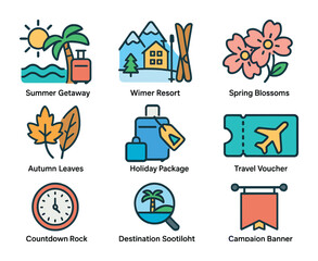 Seasonal Travel Icons. Flat icon set of seasonal travel campaigns: summer getaway, winter resort, spring