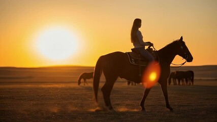 Young Woman Riding Horse Outdoors Sunset Nature Field - Powered by Adobe