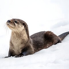 A cute otter looks up from the snow, isolated on transparent background