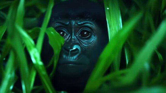 Young Gorilla Peeking Through Jungle Leaves
