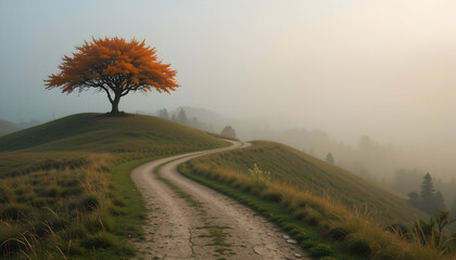 Orange tree on misty hillside path