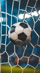 Soccer ball in goal net, white netting against blue background, sports moment