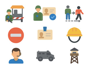 Security Icons Grid. Flat icon set of security and access control for aid: guarded checkpoint, ID verification