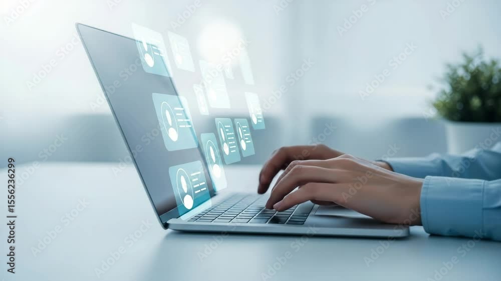Poster hands typing on laptop with profile icons and data visualizations overlayed on the screen view 100